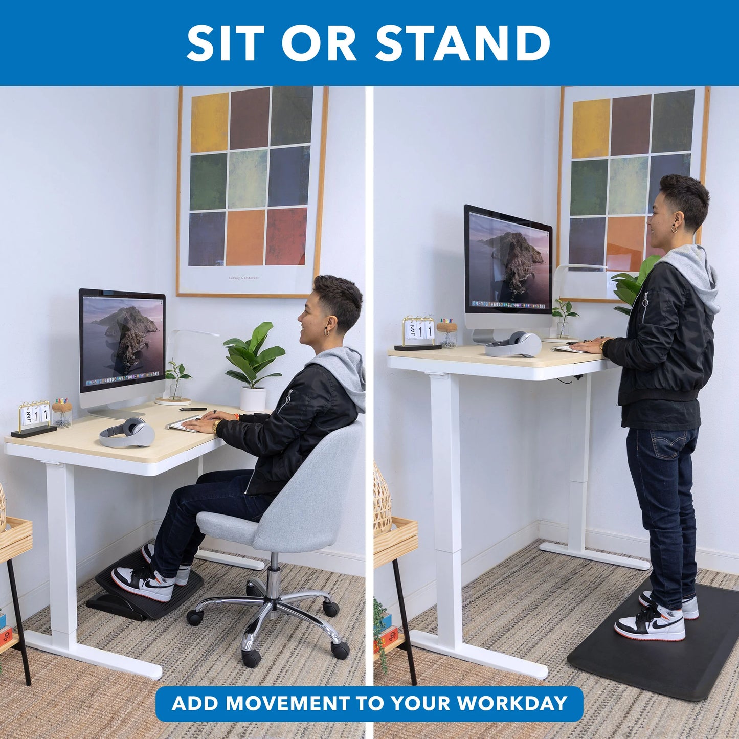 Compact Height Adjustable Sit-Stand Desk with Drawer