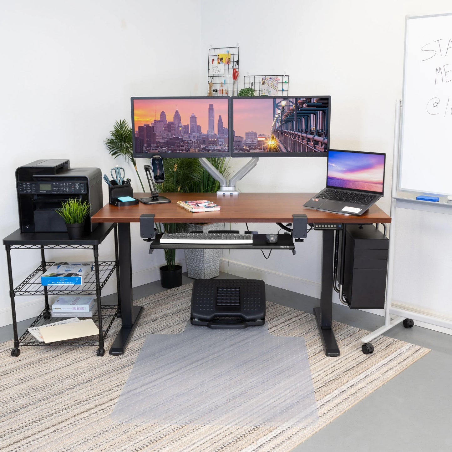 Electric Sit-Stand Black Desk Frame with Extra-Wide Brown Tabletop