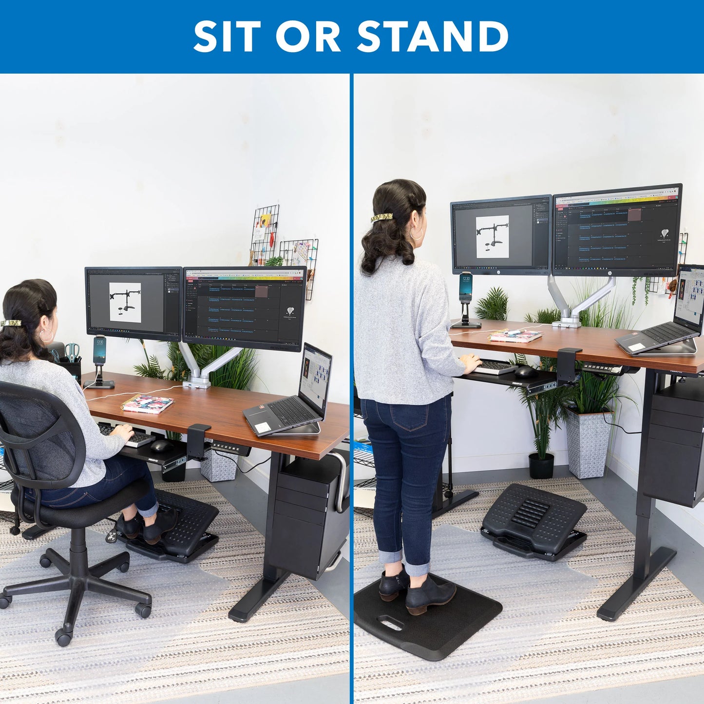 Electric Sit-Stand Black Desk Frame with Extra-Wide Brown Tabletop